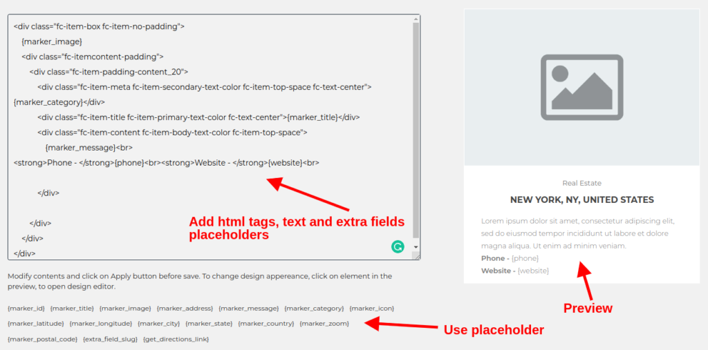 Customize info window layout, text, and placeholders