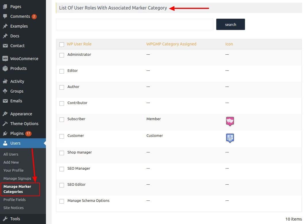 Manage marker categories for BuddyPress roles