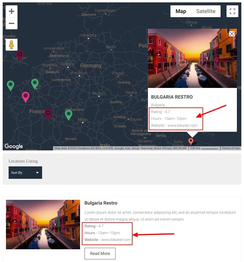 Extra fields rendered with labels in the infowindow and listing