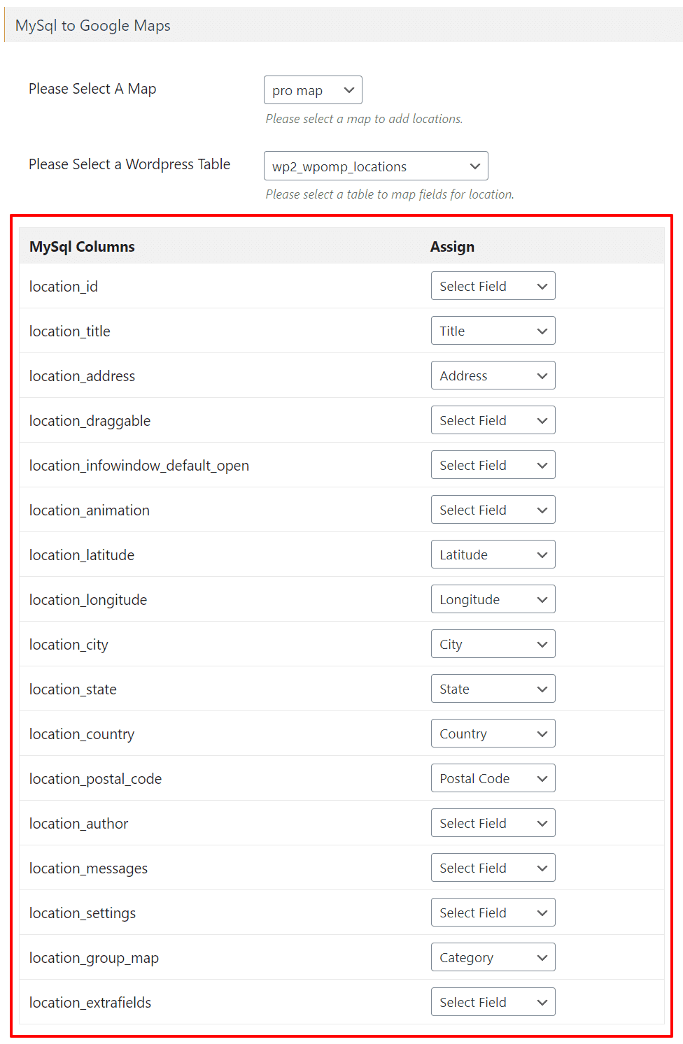 Map Database Columns to Google Maps