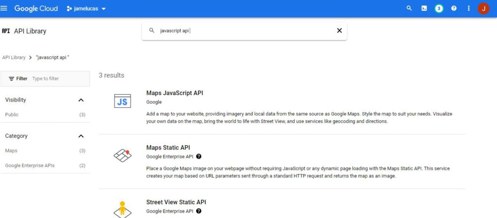 Search APIs in Google Cloud Console