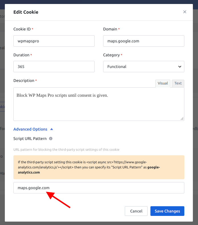 Edit Script in CookieYes