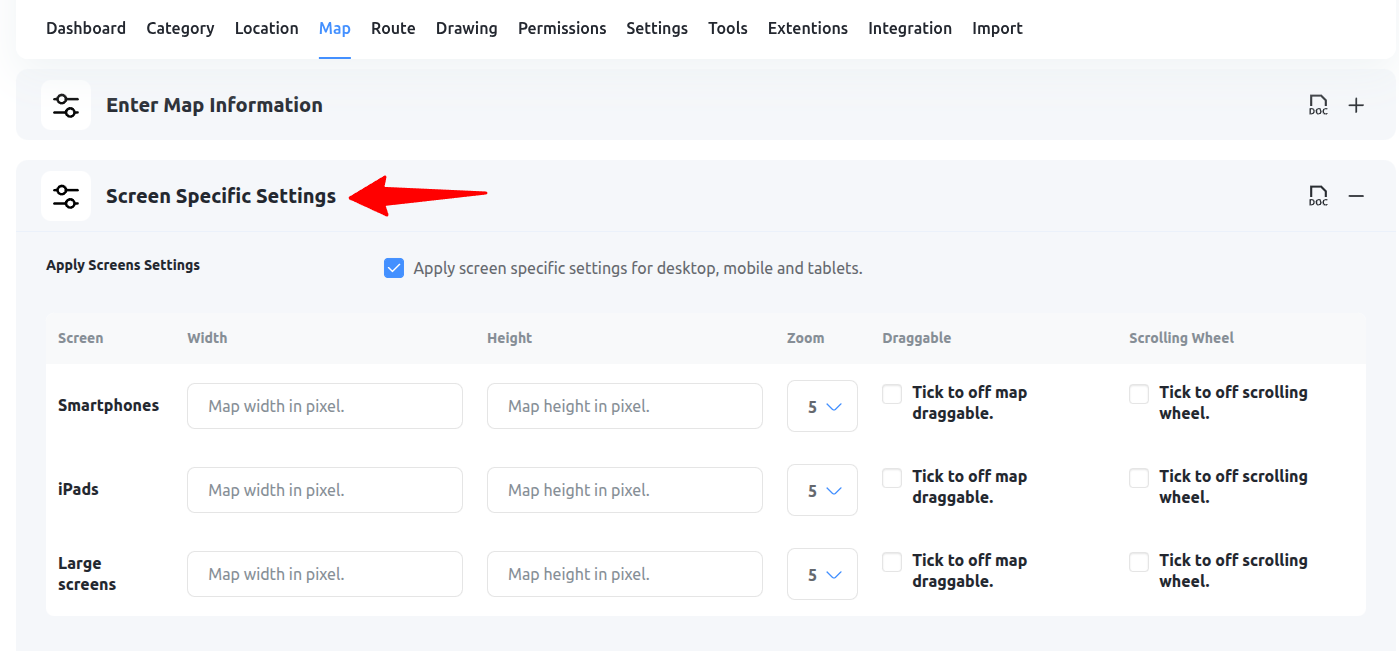 Screen Specific Settings in WP Maps Pro